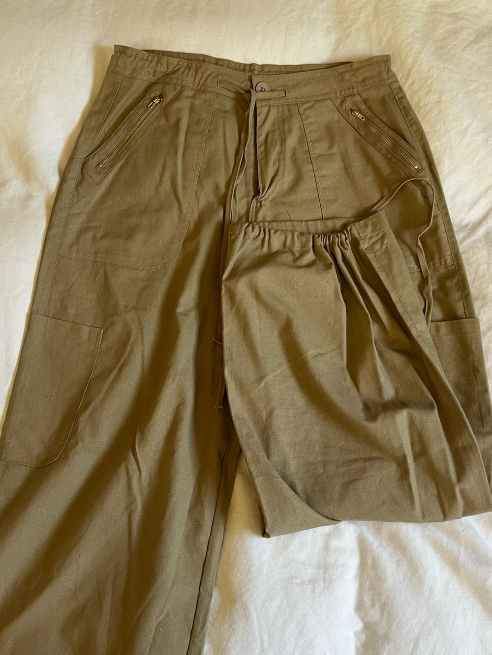 Khaki Wide Leg Pants with drawstring bottom